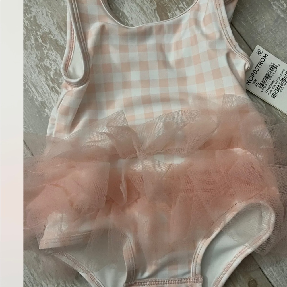 Tucker+Tate baby girls bathing suit gingham Print W tutu Pink/ivory NWT Sz 12Mos